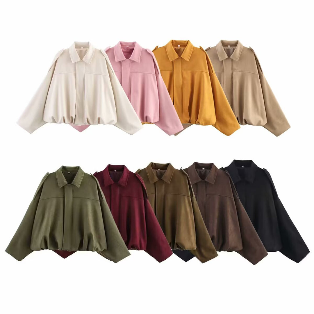 Damen Oversize-Suedejacke mit Schulterklappen, verdeckter Knopfleiste und elastischem Saum Drune