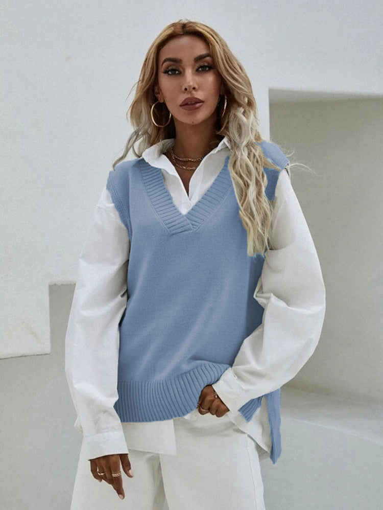 Damen Strickweste mit V-Ausschnitt und geripptem Saum Drune