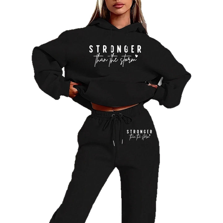 Damen nan Cropped-Hoodie und Jogginghose Set mit Statement-Print, Kängurutasche und elastischem Bund Drune