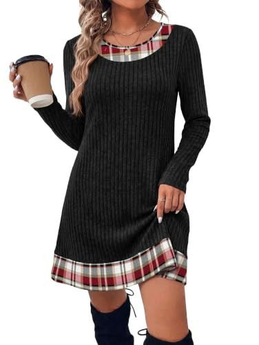 Damen Gerippte Longshirt‑Kleid mit Karierter Saum‑ und Ausschnittblende Drune