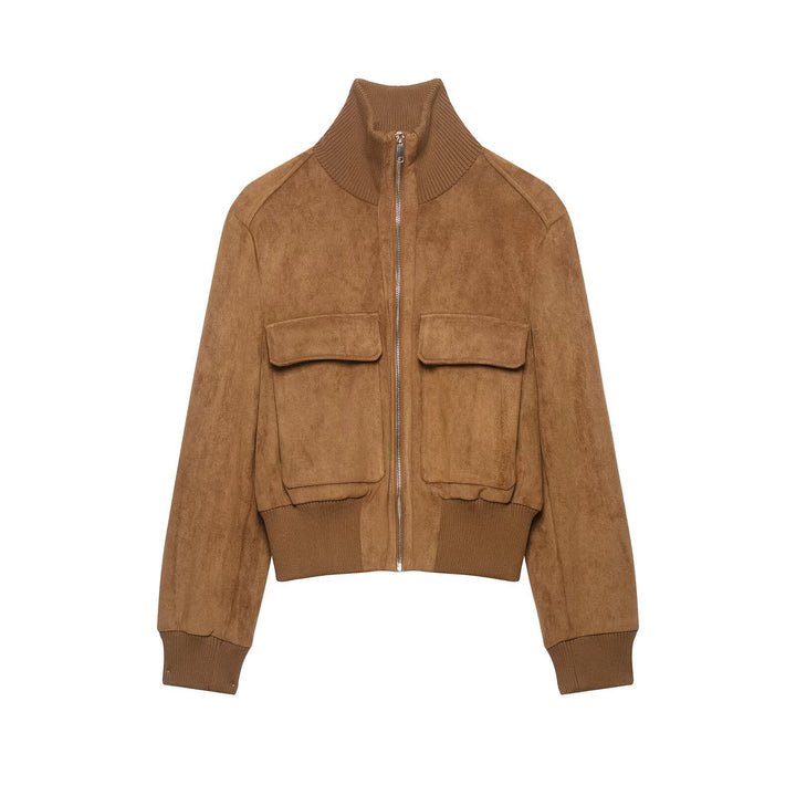 Damen kurzgeschnittene Wildleder-Bomberjacke mit hohem Rippkragen und Pattentaschen Drune