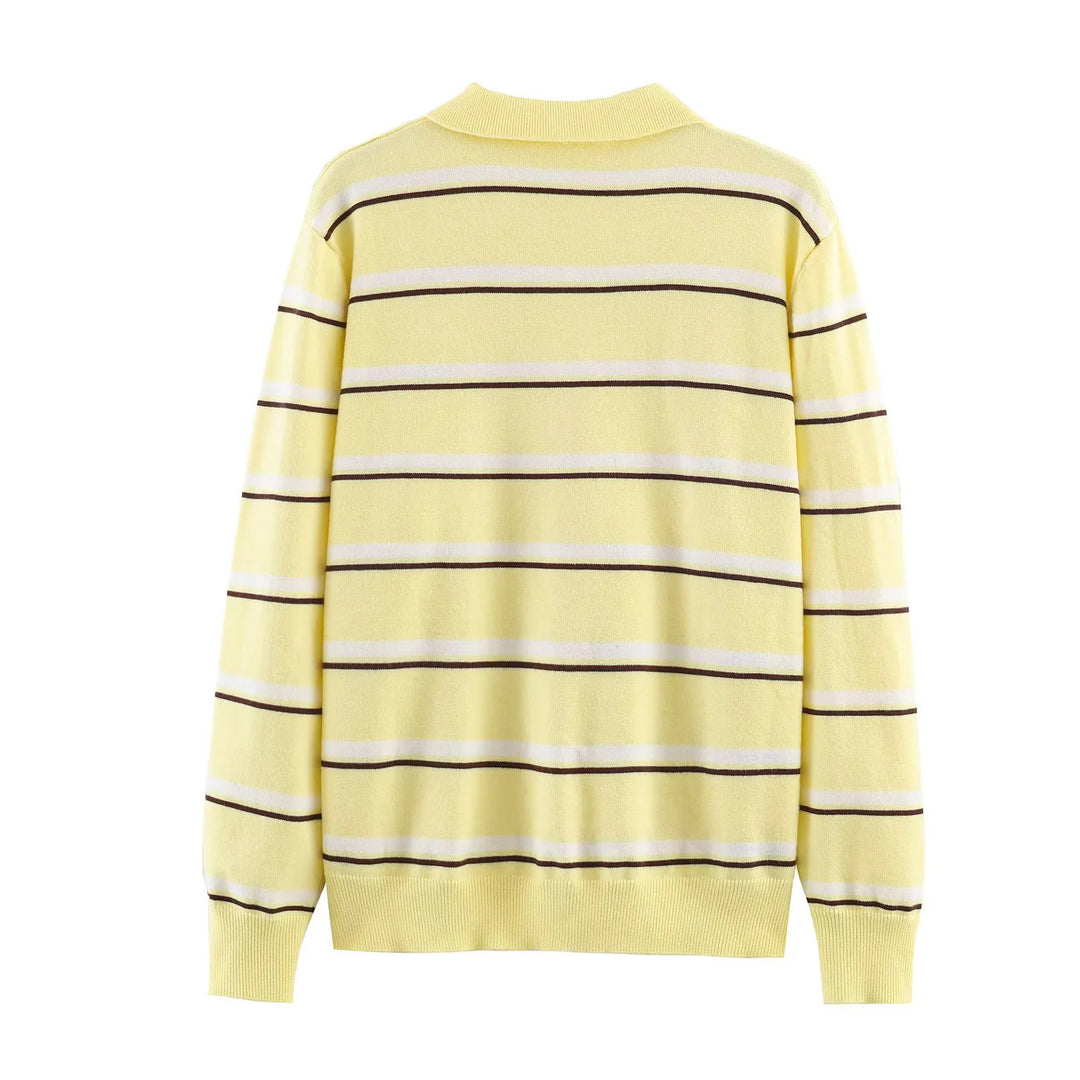 Damen nan gestreifter Poloshirt-Pullover mit Troyerkragen und dezenter Knopfleiste Drune