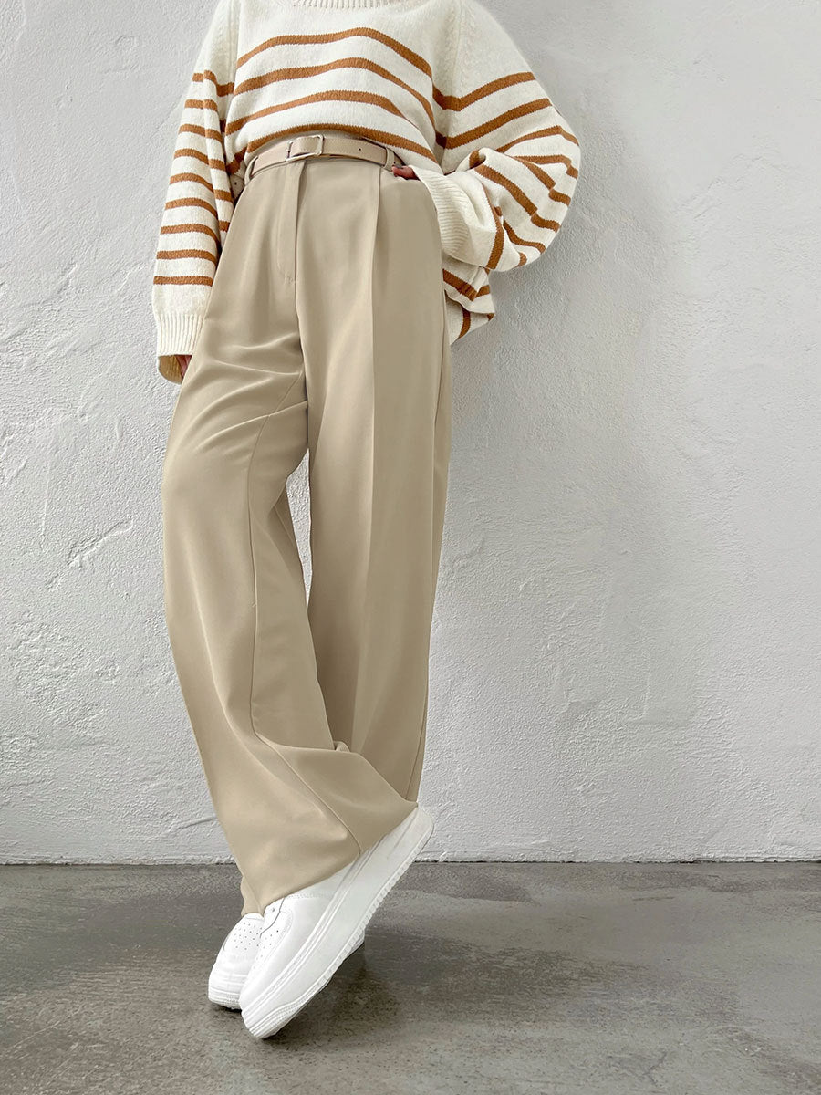 Damen Elegante High-Waist-Hose mit Bügelfalte und Bindegürtel Drune