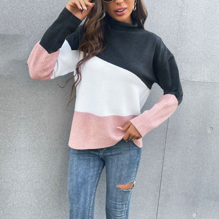 Damen Dreifarbiger Strukturstrick-Pullover mit Stehkragen und lässiger Oversize-Silhouette Drune