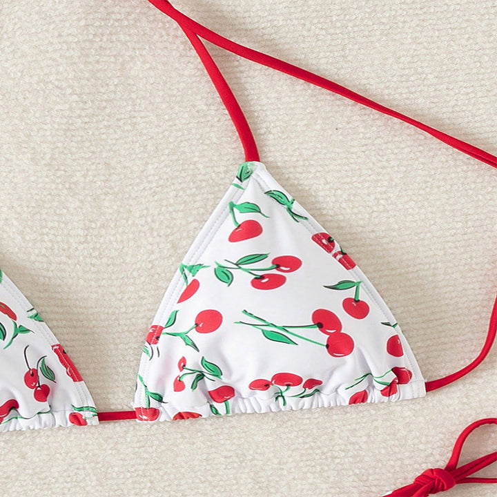 Damen Triangel-Bikini mit Krawattenverschluss und verspieltem Kirschdesign Drune