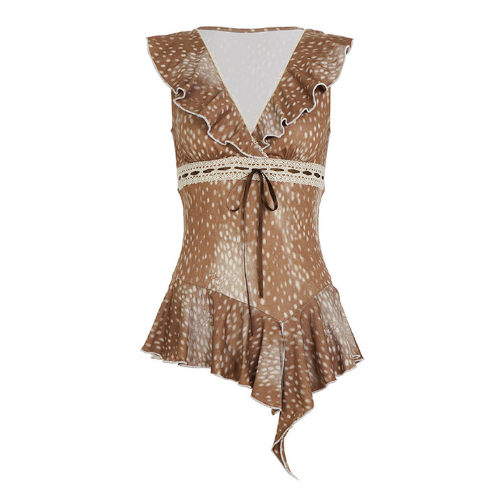 Damen asymmetrisches Sommerkleid mit Rüschen und Spitzenakzenten Drune