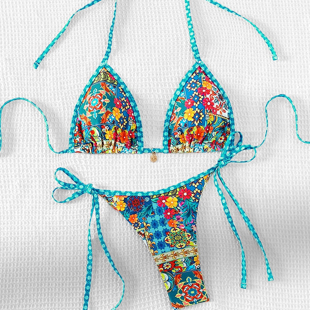 Damen Triangel-Bikini mit buntem floralen Muster und verstellbaren Bändern Drune