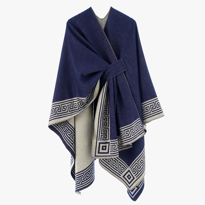 Damen Cape-Umhang aus Wollmix, reversibel mit Bindegürtel und Mäanderbordüre Drune