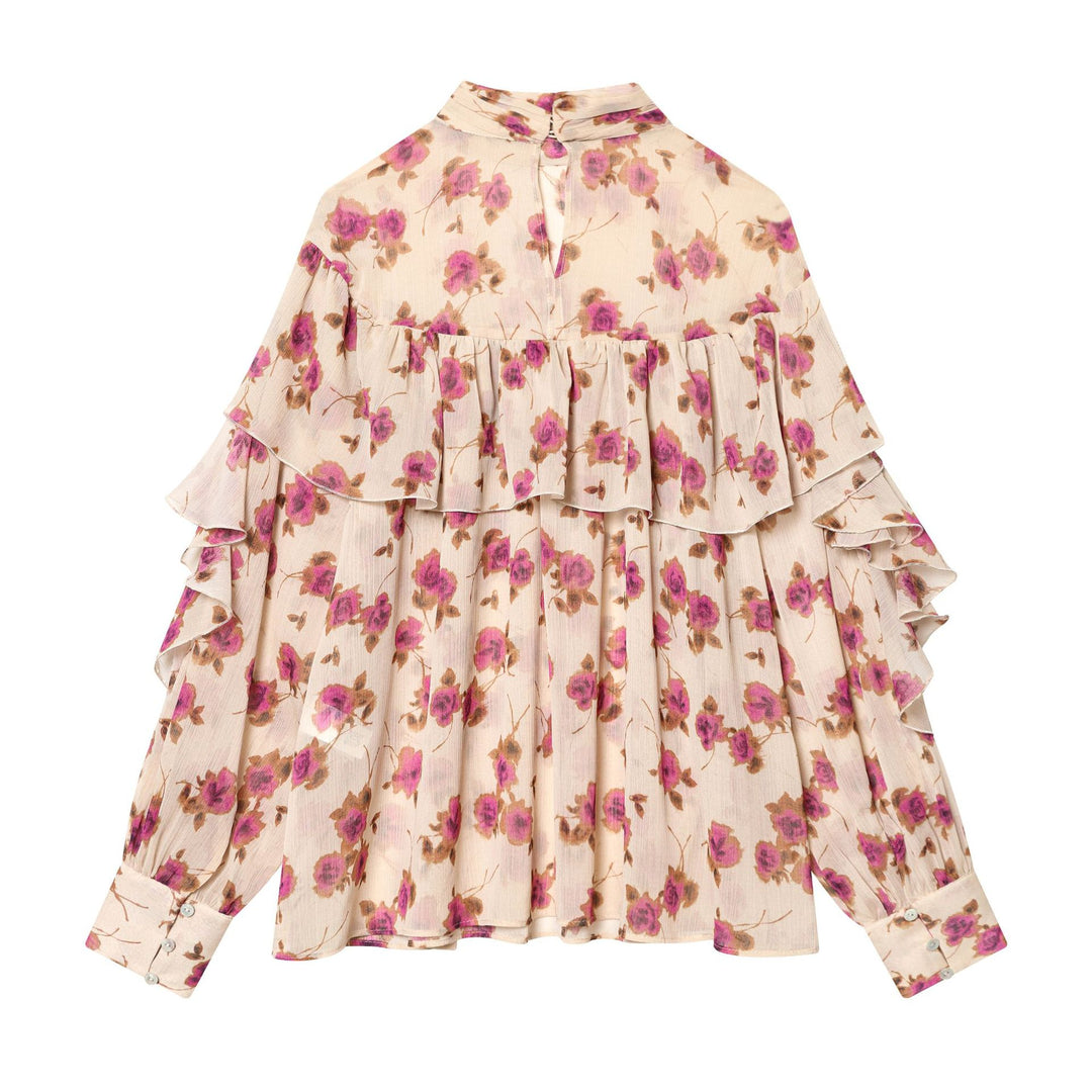 Damen nan zarte Volantbluse mit Stehkragen, mehrlagigen Rüschenstufen und floralem Chiffon Drune