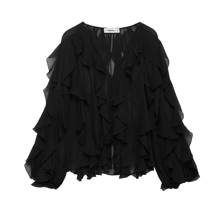 Damen 200+ voluminöse Chiffon‑Rüschenbluse mit Fledermausärmeln und Knopfleiste Drune