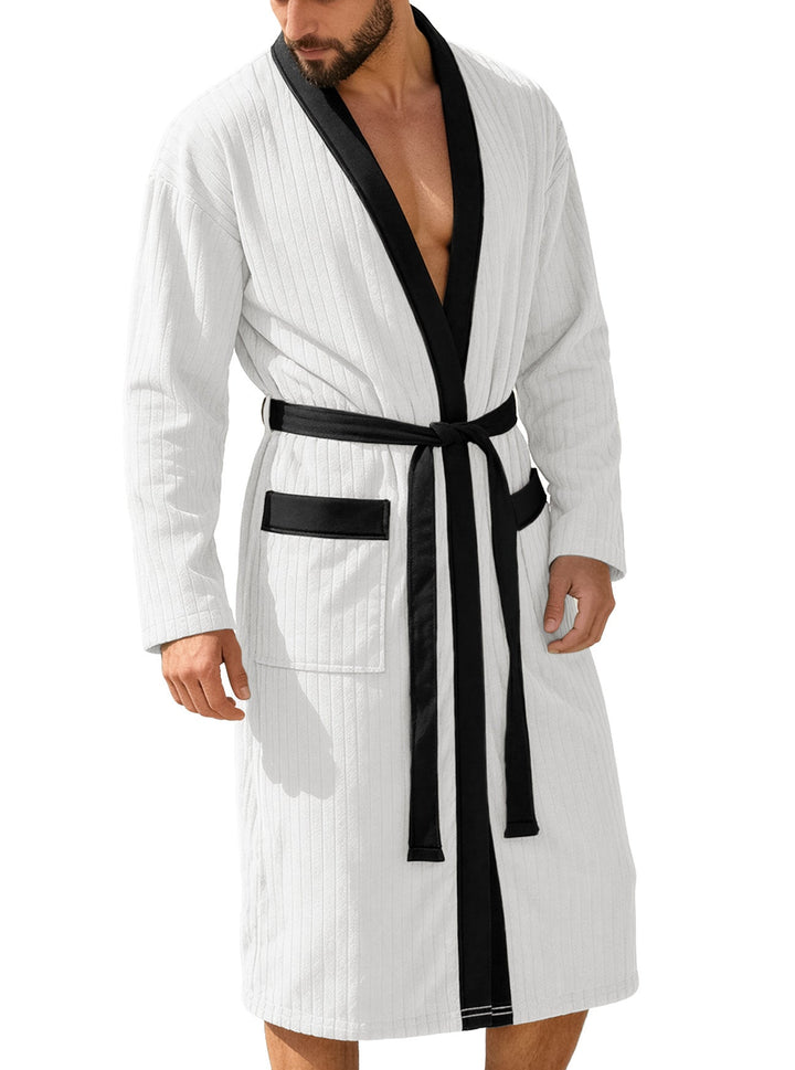 Herren nan wadenlanger Rippen-Bademantel im Kimono-Stil mit Schalkragen und Kontrastpaspel Drune