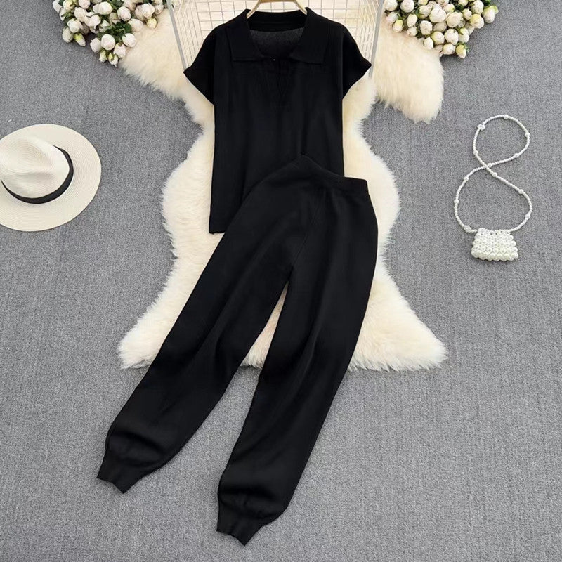 Damen elegantes Lounge-Set mit kurzärmligem Polo und weiten Hosen Drune