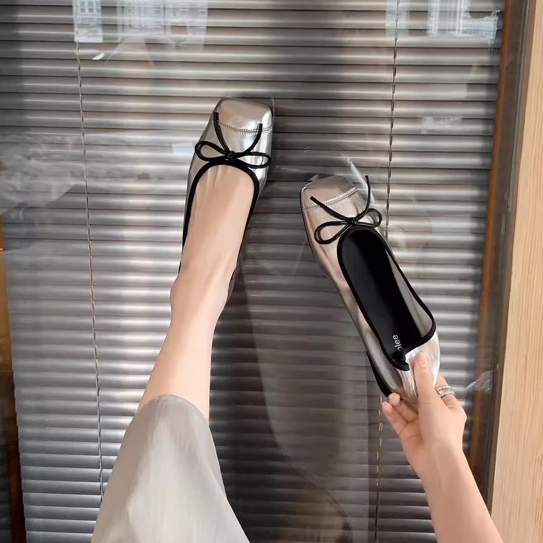Damen elegante Ballerinas mit Schleifendetail und glänzender Schuhspitze Drune