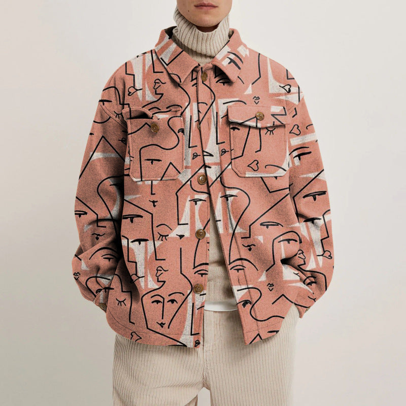 Damen Oversized Wolloptik-Überhemd mit asymmetrischem Vogelprint und Pattentasche Drune
