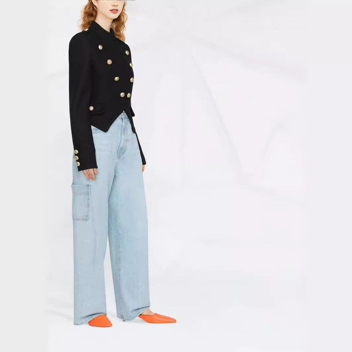 Damen Taillierter Kurzer Military‑Blazer mit Zierknöpfen und Stehkragen Drune