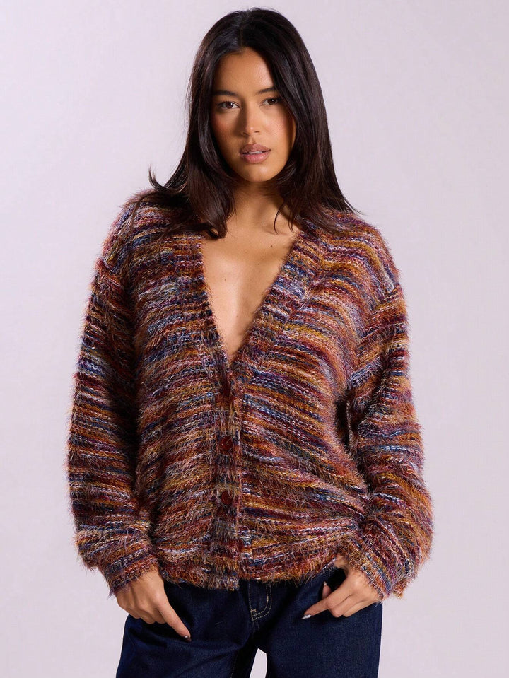 Damen Oversize-Flauschpullover mit weitem Carmen‑Ausschnitt und melierter Strickstruktur Drune