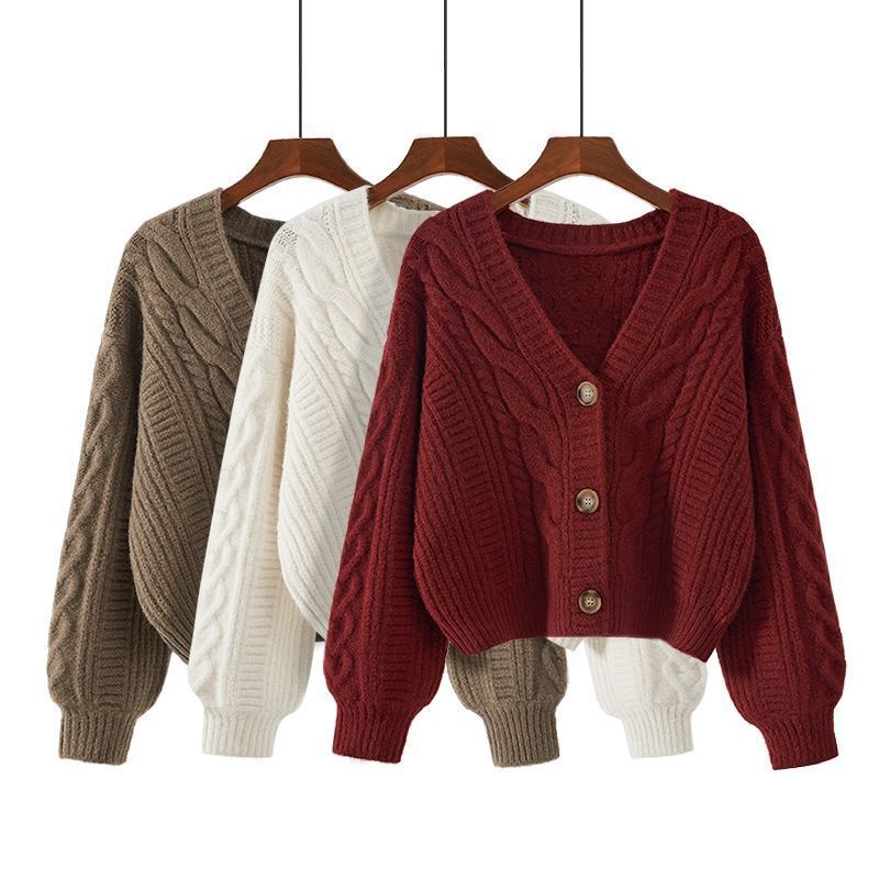 Damen Strickjacke mit ausgefallenem Zopfmuster und tiefem V-Ausschnitt Drune