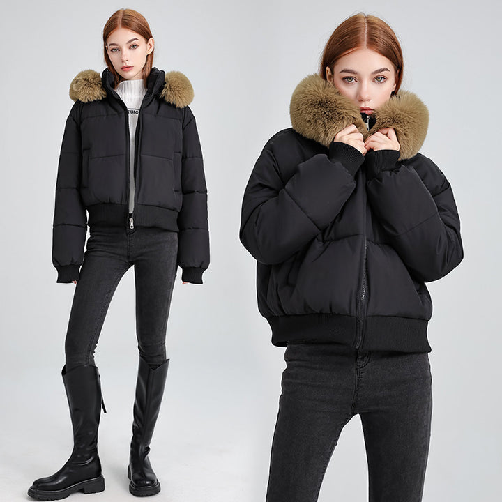 Damen Kurz-Bomber-Steppjacke mit abnehmbarem Plüschkragen und geripptem Saum Drune