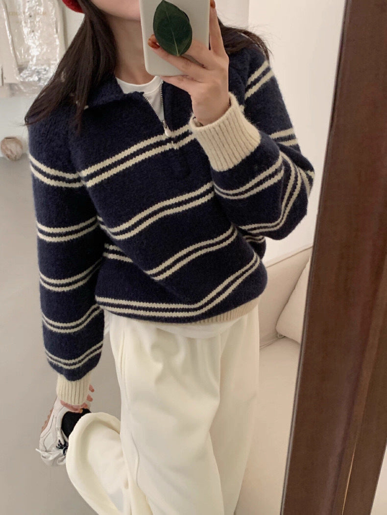 Damen Gemusterter Pullover mit Stehkragen und Kontrastdetails Drune
