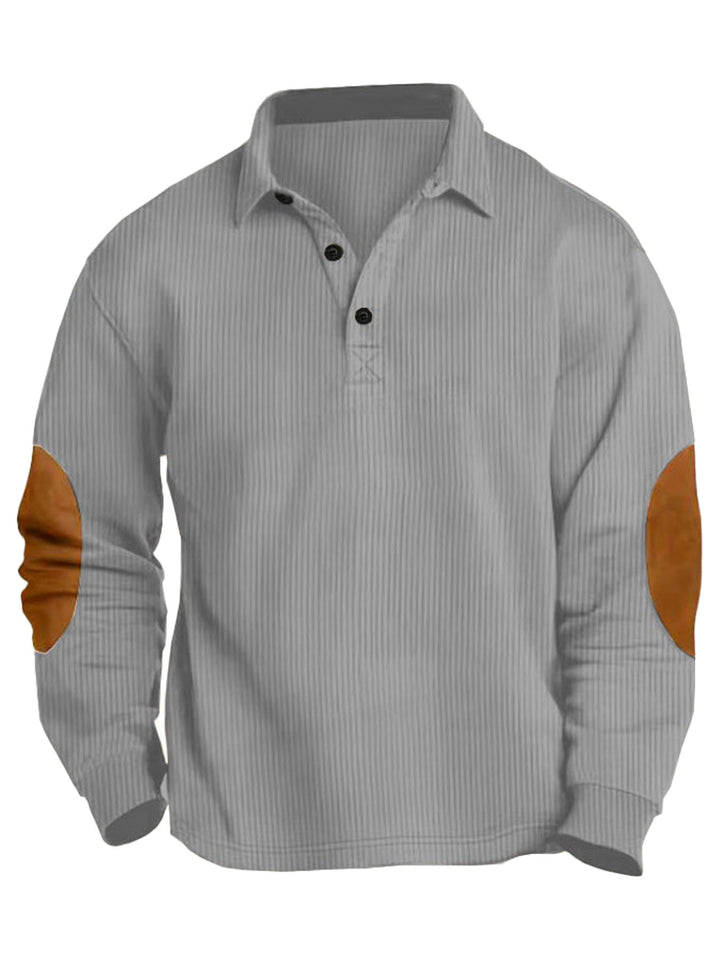 Herren nan legeres Langarm-Poloshirt mit Hemdkragen, kurzer Knopfleiste, feiner Struktur und Velours-Ellenbogenbesatz Drune