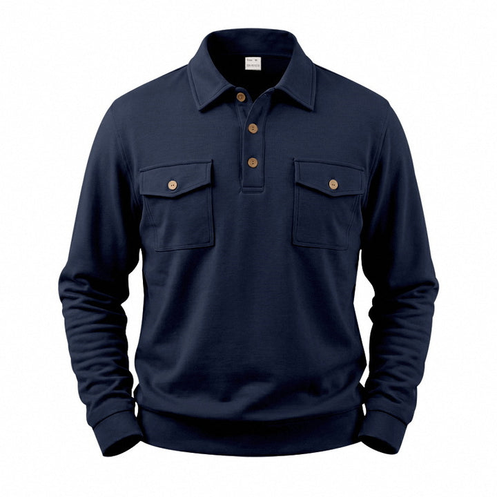 Herren Langarm-Poloshirt mit Knopfleiste und aufgesetzten Brusttaschen Drune