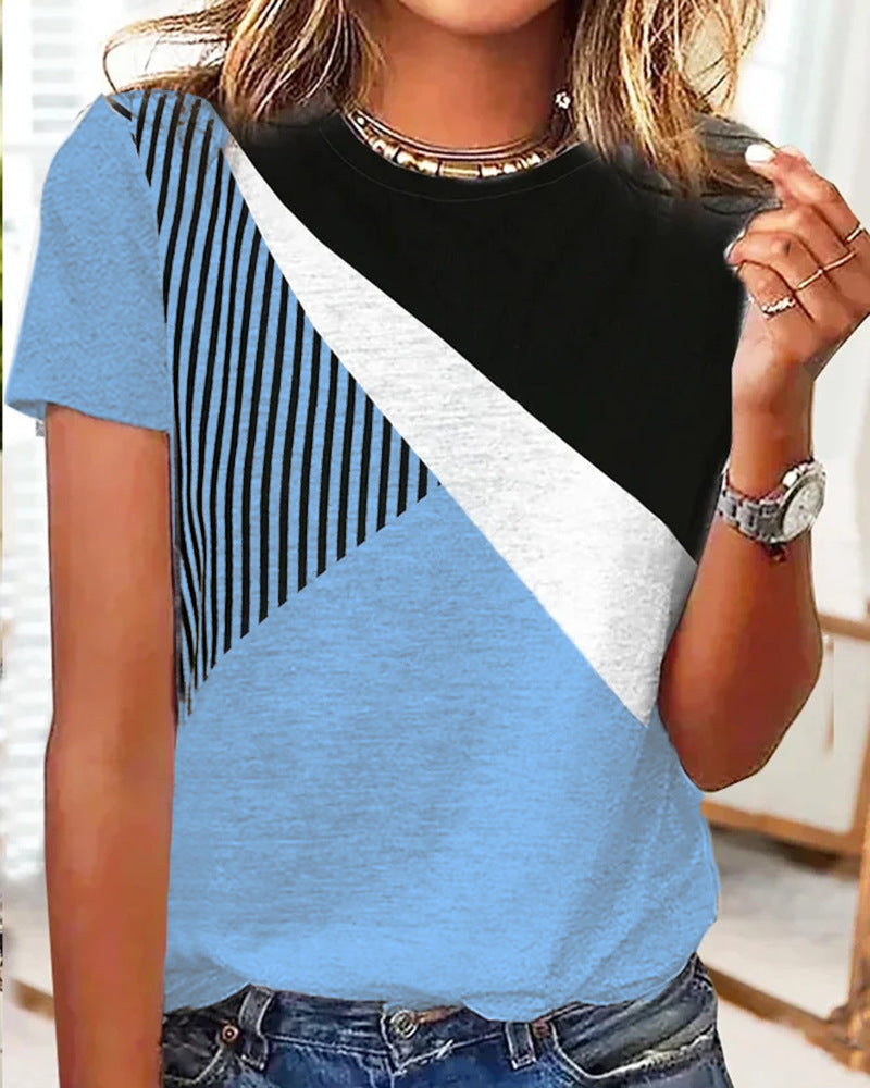 Damen Farbblock Langarmshirt mit schrägem Streifenmuster und Rundhalsausschnitt Drune