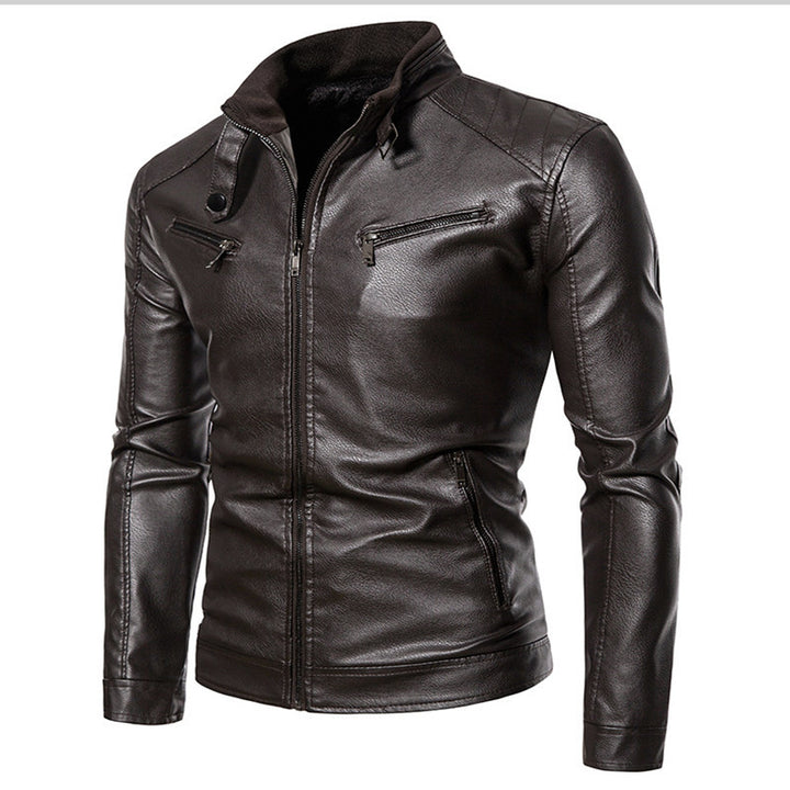 Herren Figurbetonte Kunstleder-Bikerjacke mit Stehkragen und Reißverschlusstaschen Drune