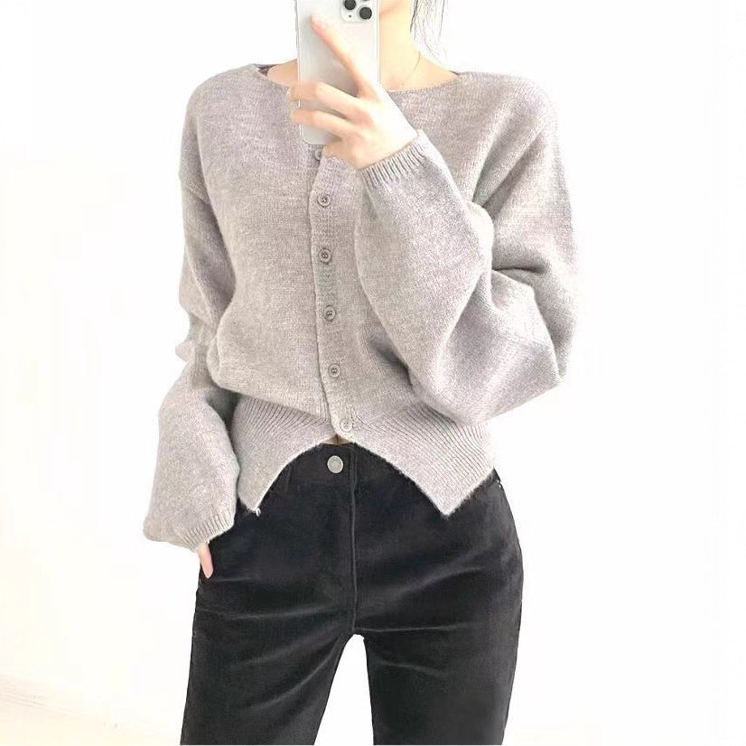 Damen Cropped Strickjacke mit Knopfleiste und oversized Ärmeln Drune
