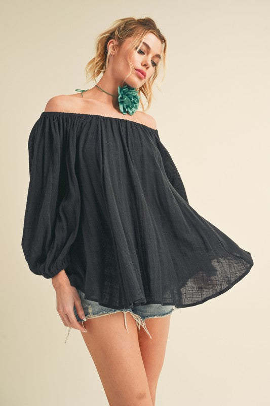 Damen lässige Bluse mit Off-Shoulder Schnitt und voluminösen Ärmeln Drune
