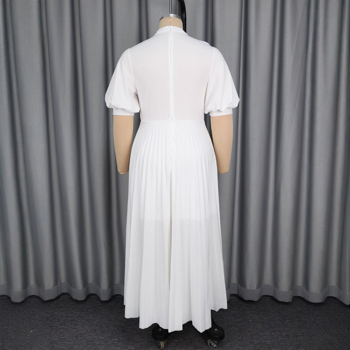 Damen elegantes Maxikleid mit plissiertem Rock und modischem Schlüssel-Ausschnitt Drune