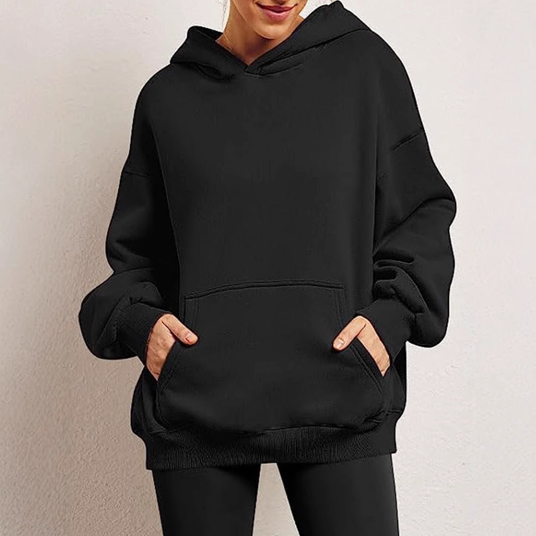 Damen nan Oversize-Kapuzenpullover mit verlängertem Rückenteil, innen angerautem Fleece und Kängurutasche Drune