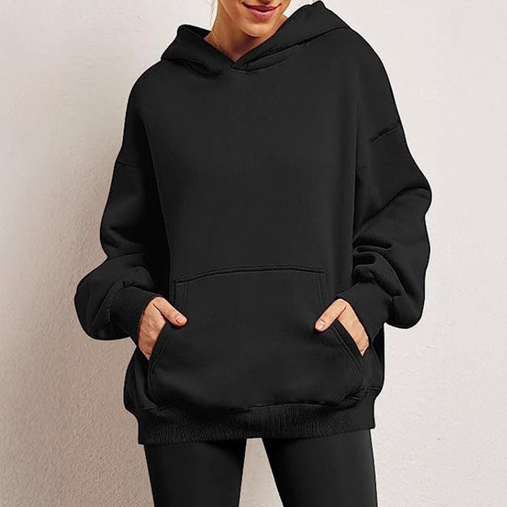 Damen nan Oversize-Kapuzenpullover mit verlängertem Rückenteil, innen angerautem Fleece und Kängurutasche Drune