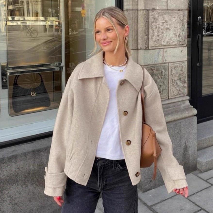 Damen modische Wolljacke mit lässigem Schnitt und Knopfdetails Drune