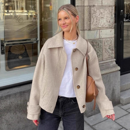 Damen modische Wolljacke mit lässigem Schnitt und Knopfdetails Drune