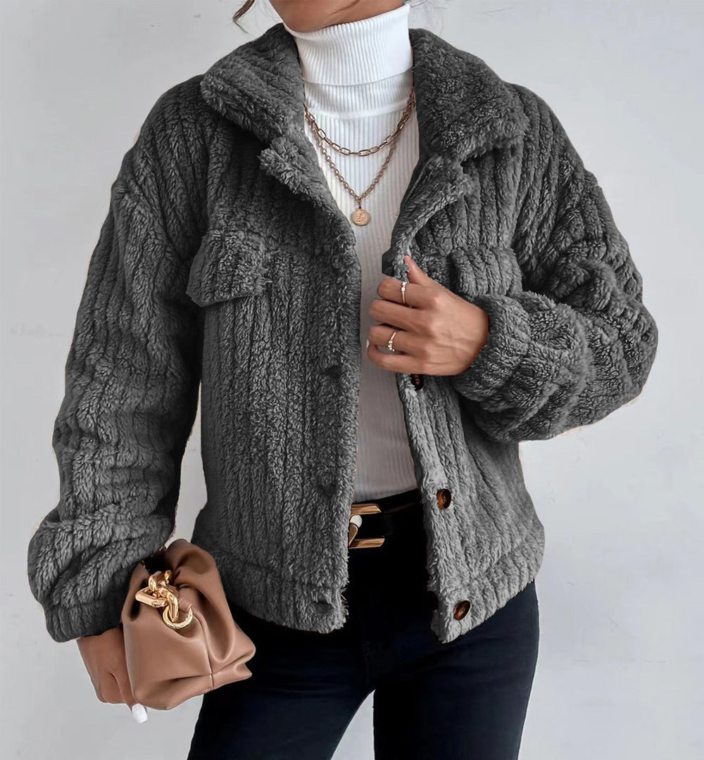 Damen nan kuschelige Teddyjacke mit Hemdkragen, Druckknopfverschluss und aufgesetzten Brusttaschen Drune