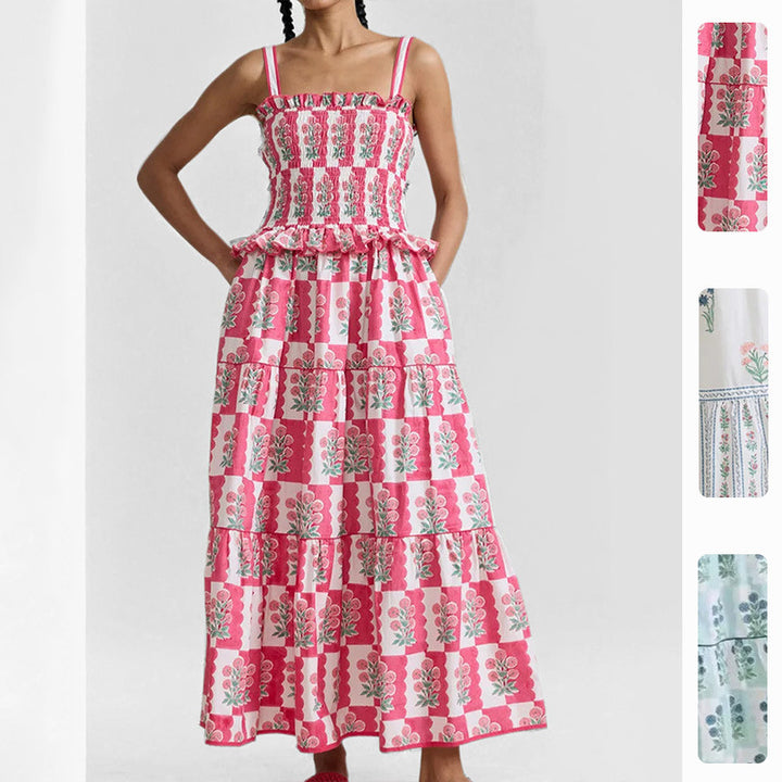 Damen Maxikleid mit Rüschendetails und floralen Mustern Drune