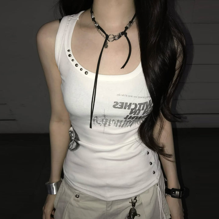 Damen Trendiges Oversized Tanktop mit auffälligem Grafikdruck und Rüschen Drune