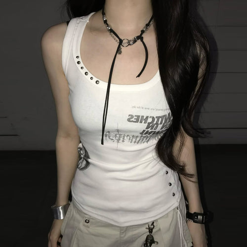 Damen Trendiges Oversized Tanktop mit auffälligem Grafikdruck und Rüschen Drune