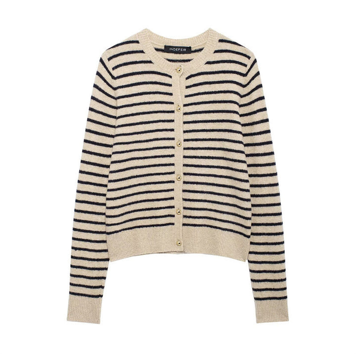 Damen gestreifte Strickjacke mit goldenen Knöpfen und modischem Schnitt Drune