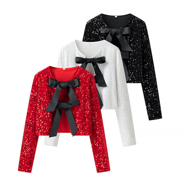 Damen nan kurze Pailletten-Jacke mit zweifacher Satin-Schleifenfront und Rundhalsausschnitt Drune
