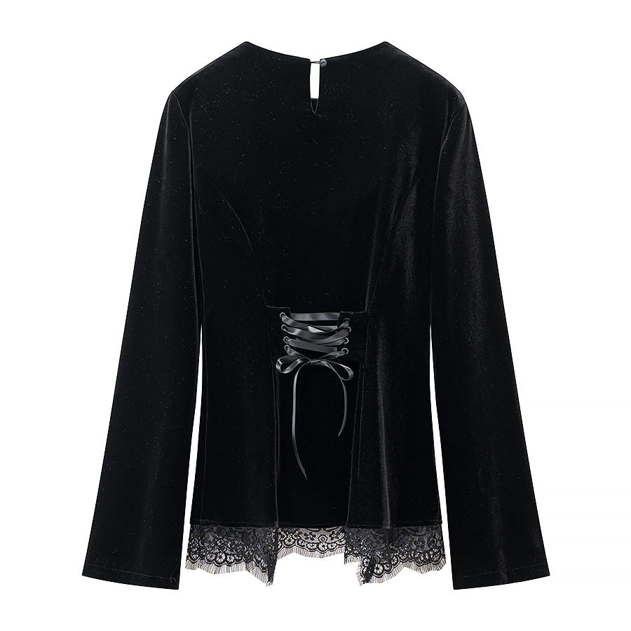 Damen Samtbluse mit Spitzen-Insert und asymmetrischem Spitzensaum Drune