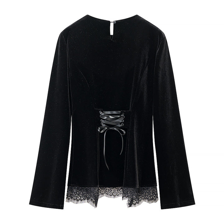 Damen Samtbluse mit Spitzen-Insert und asymmetrischem Spitzensaum Drune