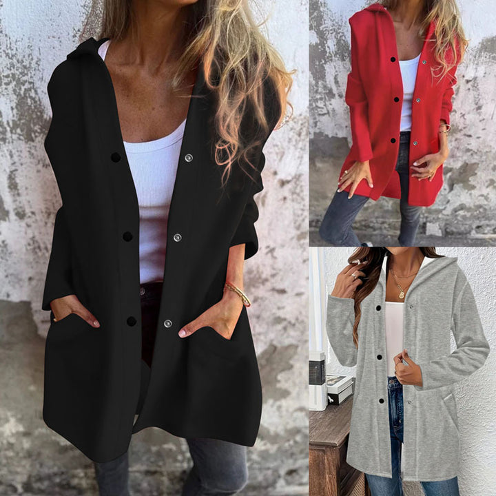Damen Langer Kapuzen-Cardigan mit Druckknopfleiste, Eingrifftaschen und legerer Silhouette Drune