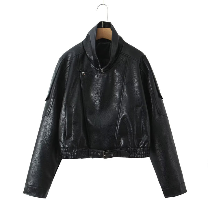 Damen Cropped Bikerblouson aus veganer Lederoptik mit asymmetrischer Frontpatte und Taillenbund Drune