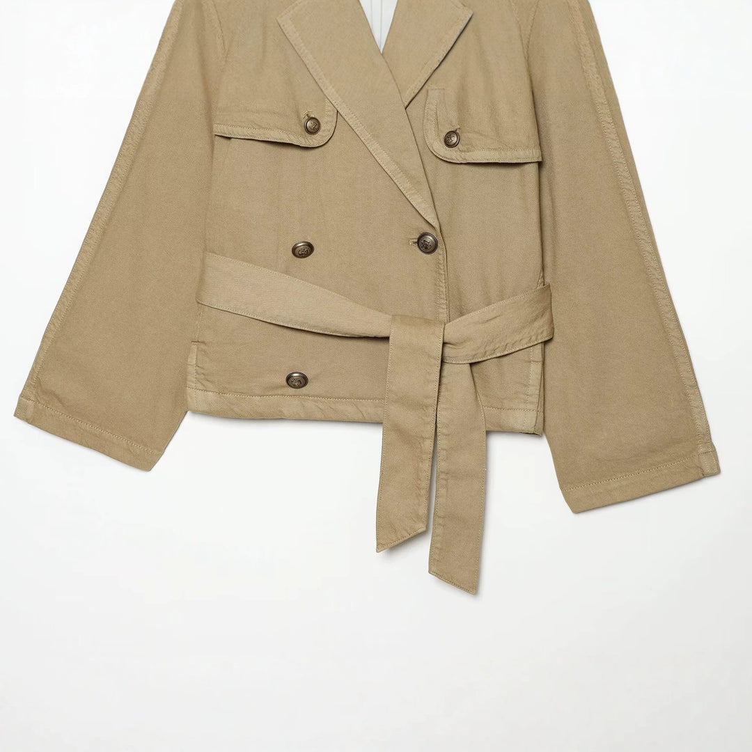 Damen Kurz geschnittene Trenchjacke mit Doppelknopfleiste, Schulterpatten und Taillengürtel Drune