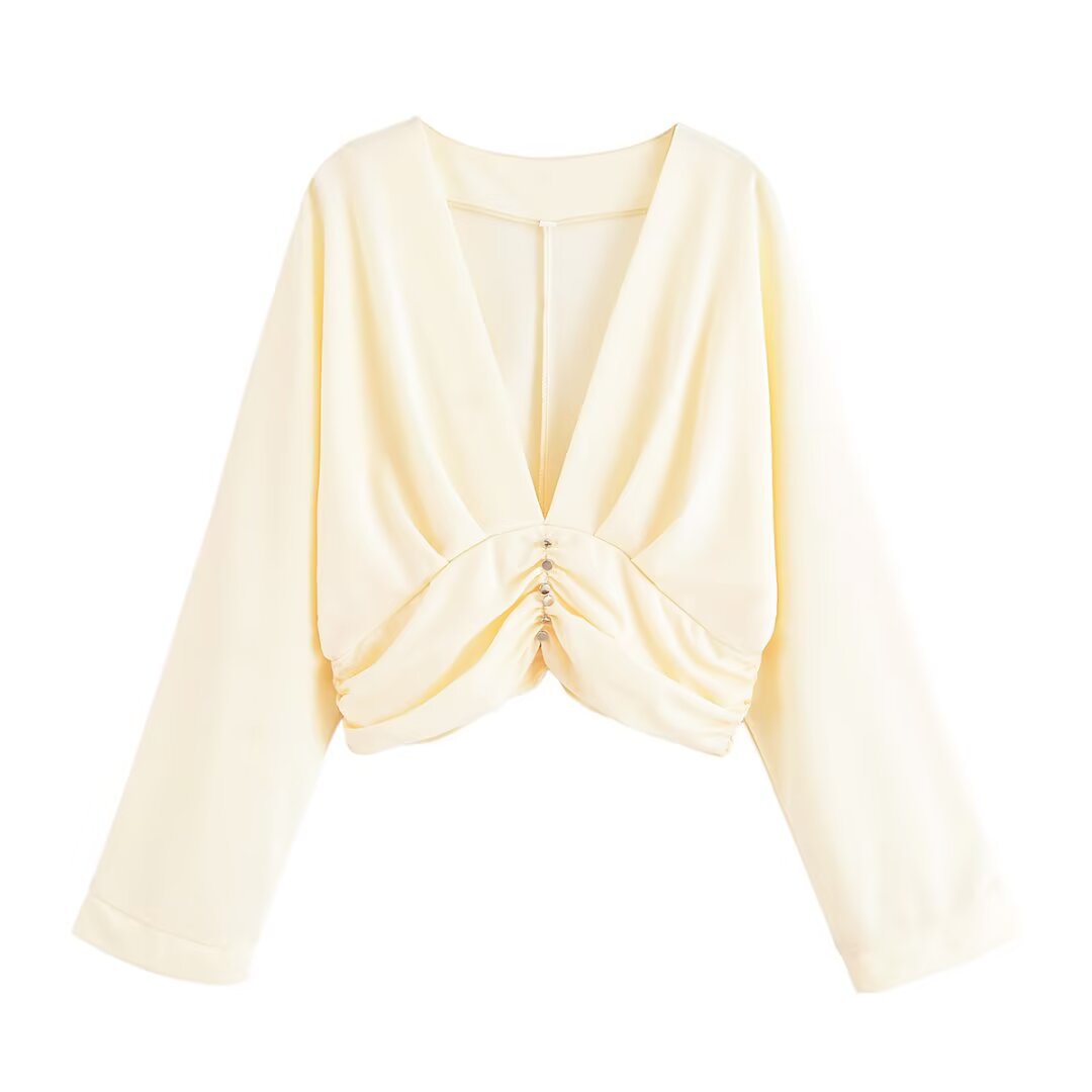Damen legeres Blusenshirt mit Raffung und tiefem V-Ausschnitt Drune