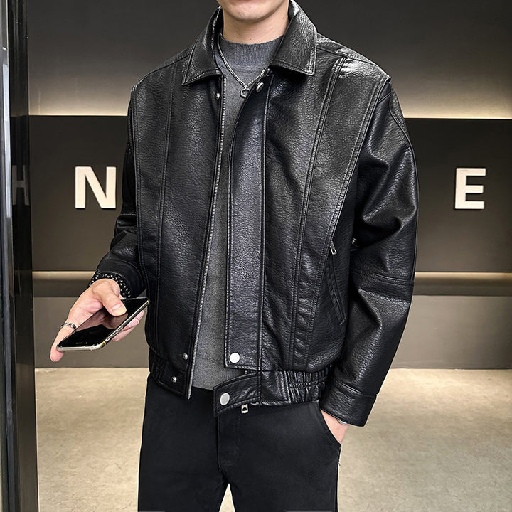 Herren Modische Kunstlederjacke mit hohem Kragen Drune