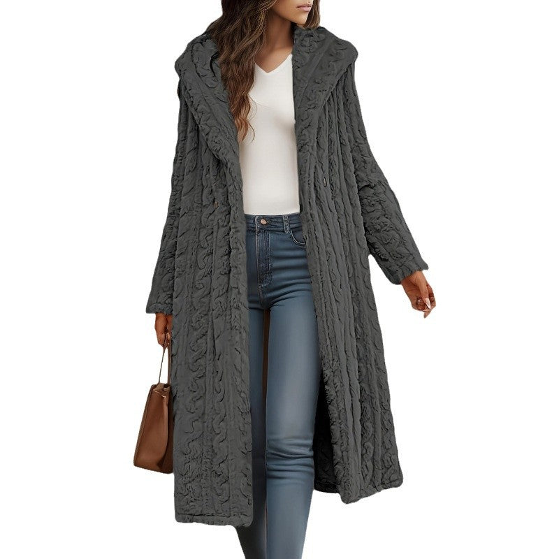 Damen Langer Strickmantel mit hohem Kragen und flauschiger Textur Drune