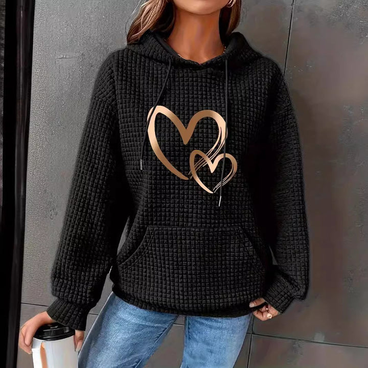 Damen Kapuzenpullover mit Waffelstruktur, Kängurutasche und Metallic-Herzprint Drune