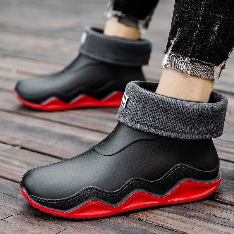 Damen Wasserdichte Slip-On Ankle‑Gummistiefelette mit umgeschlagenem Strickkragen Drune